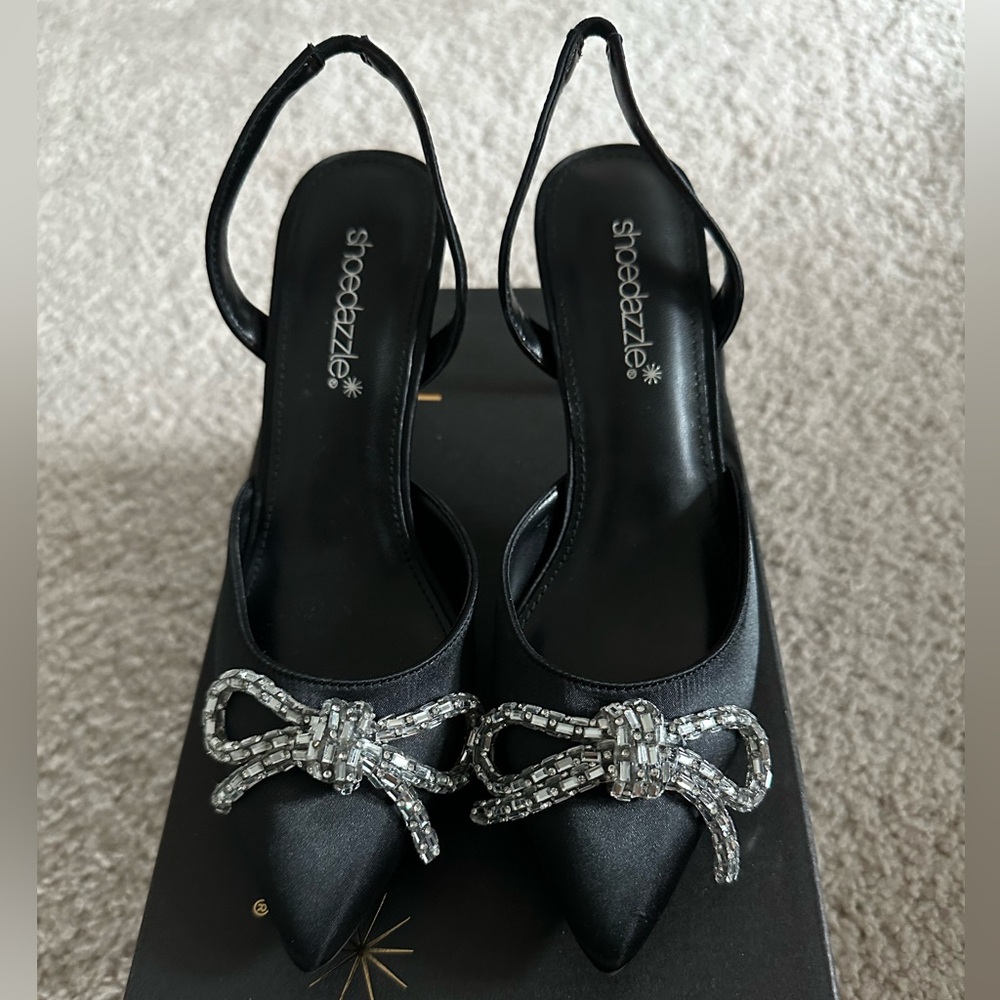 Shoe Dazzle Black Heels with Silver Embellished Bow